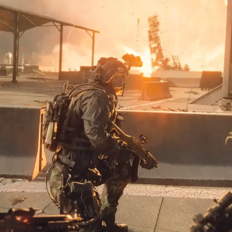 A soldier crouched on a bridge from the Battlefield 6 campaign watching something explode in the distance