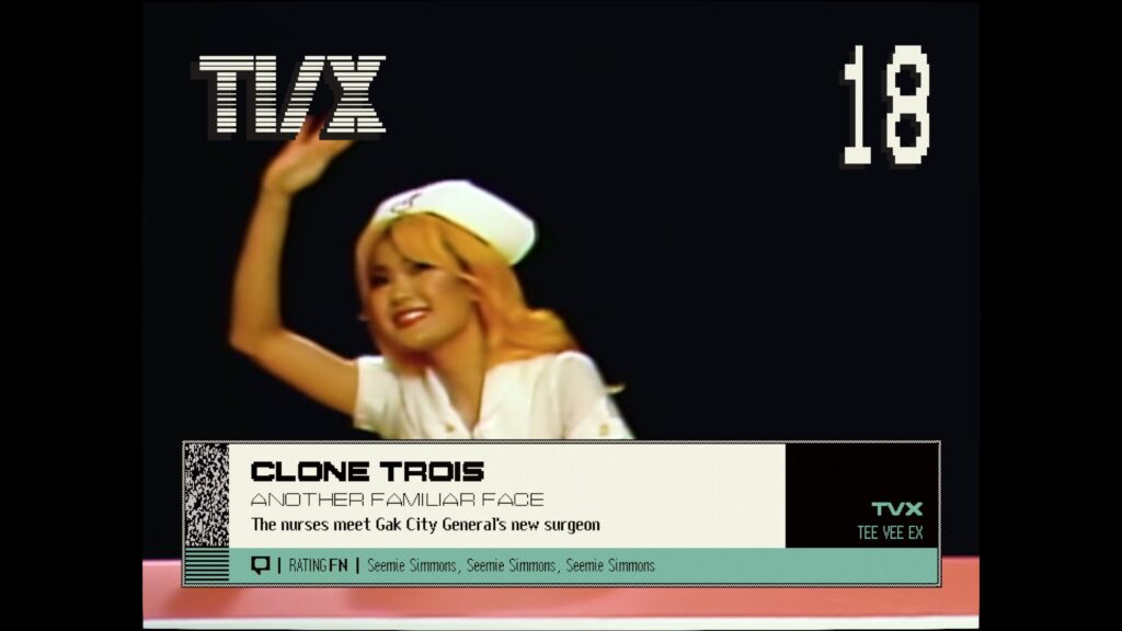 A woman in a nurse's uniform waves off-screen. The chyron reads "Clone Trois: Another familiar face - The nurses meet Gak City General's new surgeon".