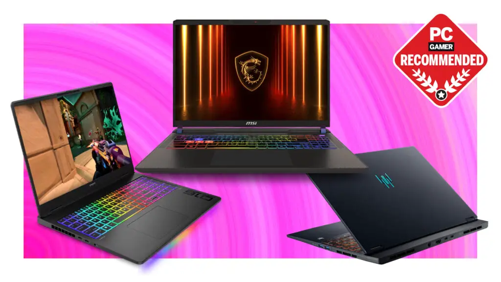 Three gaming laptops on a pink Prime Day deals background with the PC Gamer recommended badge in the top right