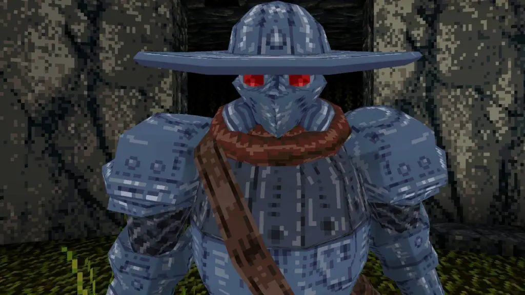 Mohrta protagonist, armored knight-type character with gas mask.