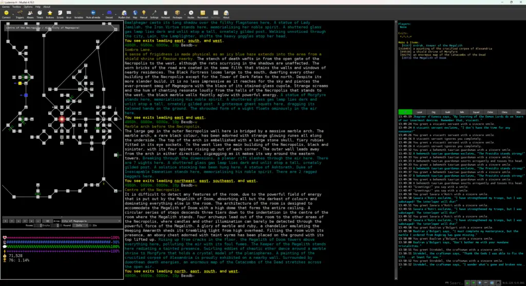 Lusternia running with UI mods in Mudlet. The player stands at the Megalith of Doom, on the left-hand side of the screen is a map and health bar, on the right: a chat window and a window describing everything in the same room.