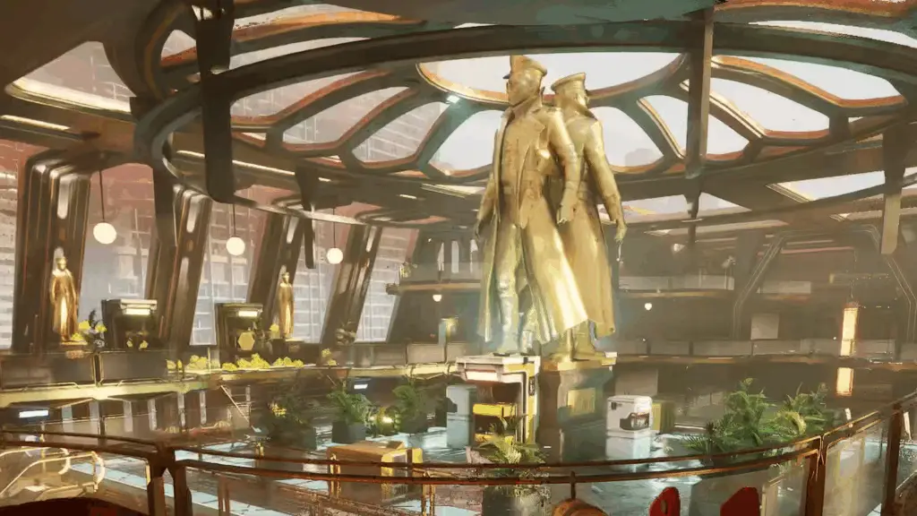 A statue of two conductors in the first-class carriage.