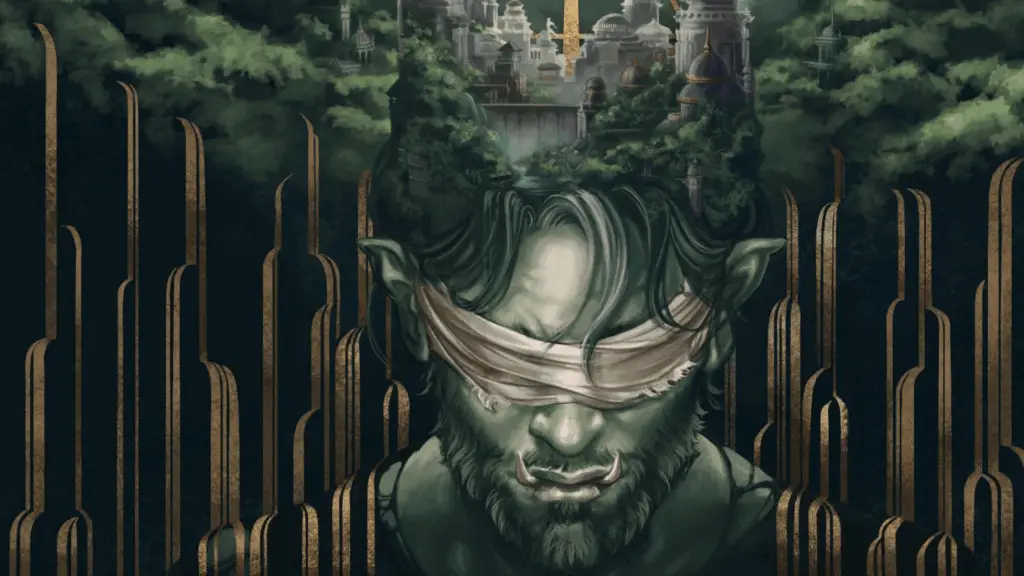 A half-orc stands with a blindfold on before his execution - with a stylistically rendered city placed atop his crown in a bed of clouds in Critical Role Campaign 4.