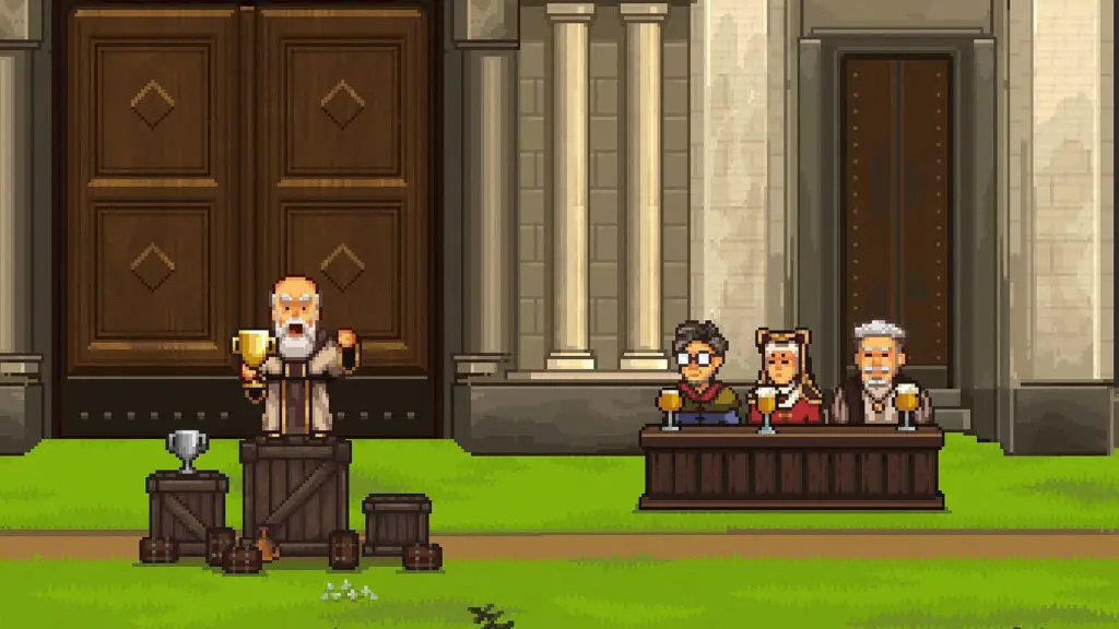 A victorious ale-brewing monk stands on a podium wielding a trophy in front of his monastery, while a panel of three judges sits to the right