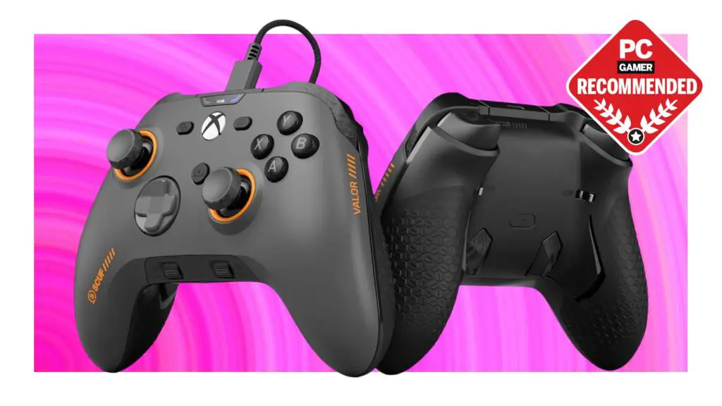 Two Scuf Valor Pro controllers on a pink background, showcasing their design.