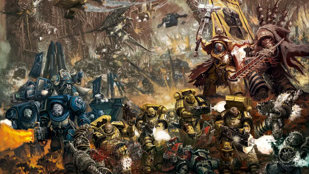Multiple chapters of Space Marines fighting together in Warhammer 40,000.