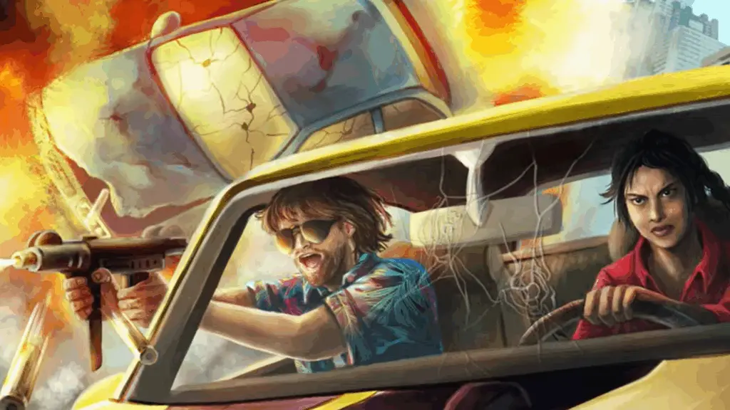 A woman driving a car and a man shooting out of it