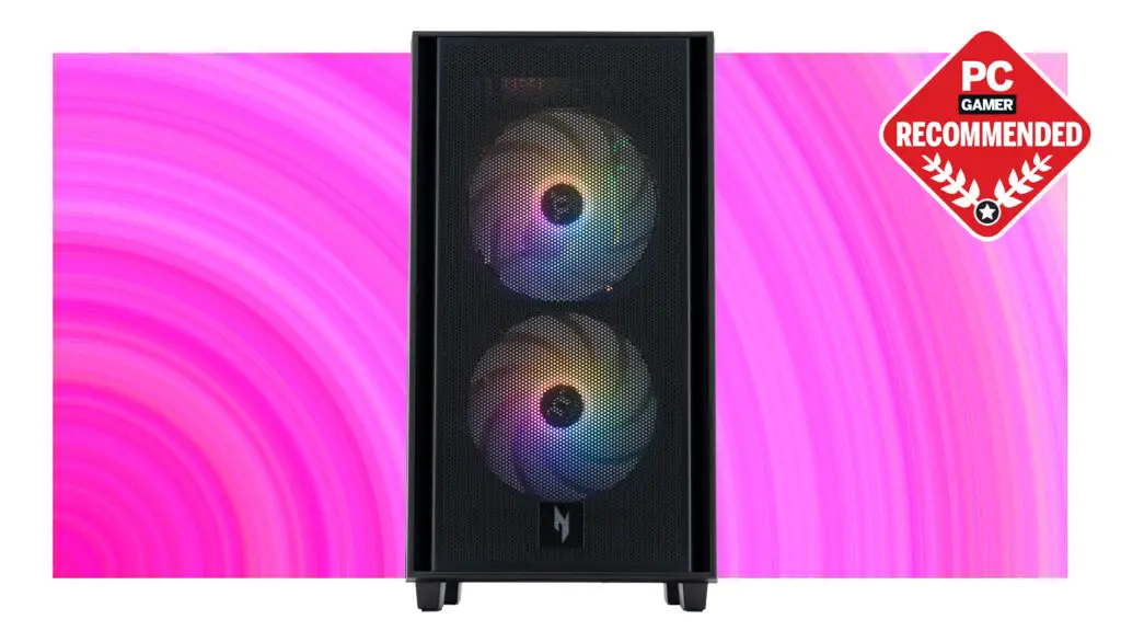 Acer gaming PC with a pink background and a PC Gamer Recommended badge