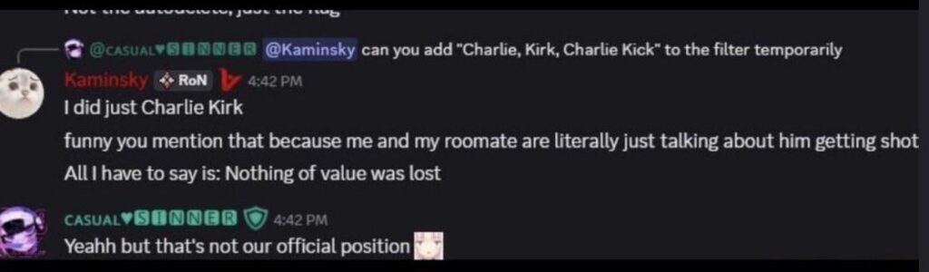 Kaminsky Discord comment on Charlie Kirk shooting: 