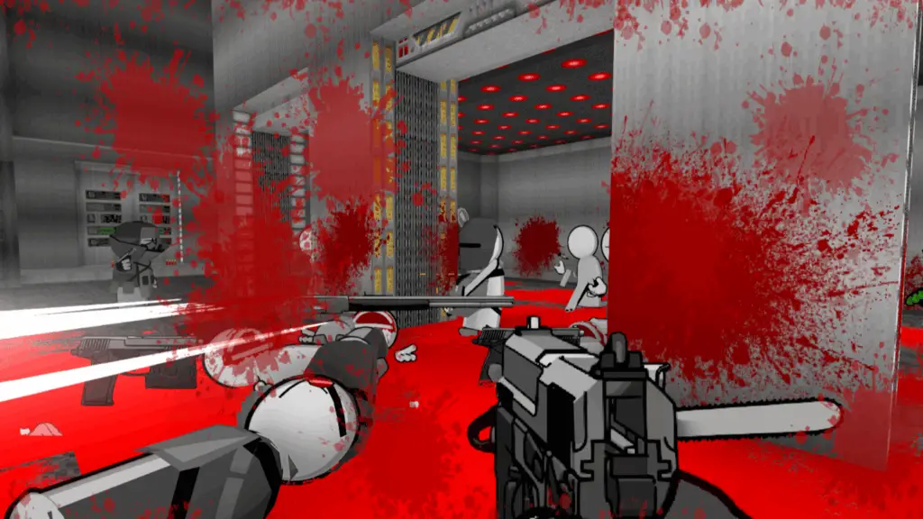 Madness characters lie in a vast pool of blood at the player's feet.