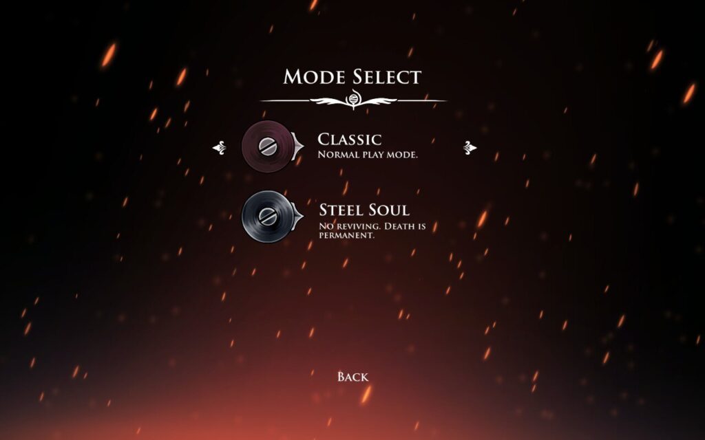 A screenshot from Silksong showing the mode select screen once 'Steel Soul' mode is unlocked