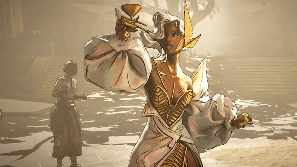 An Electi member in Borderlands 4 raises a glass in toast, indicating celebration or a social interaction within the game.