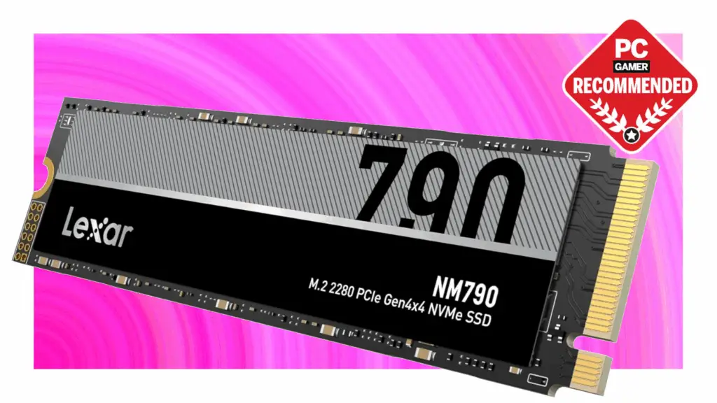 The Lexar NM790 1 TB floats in the swirling pink PC G Prime Day deal void.