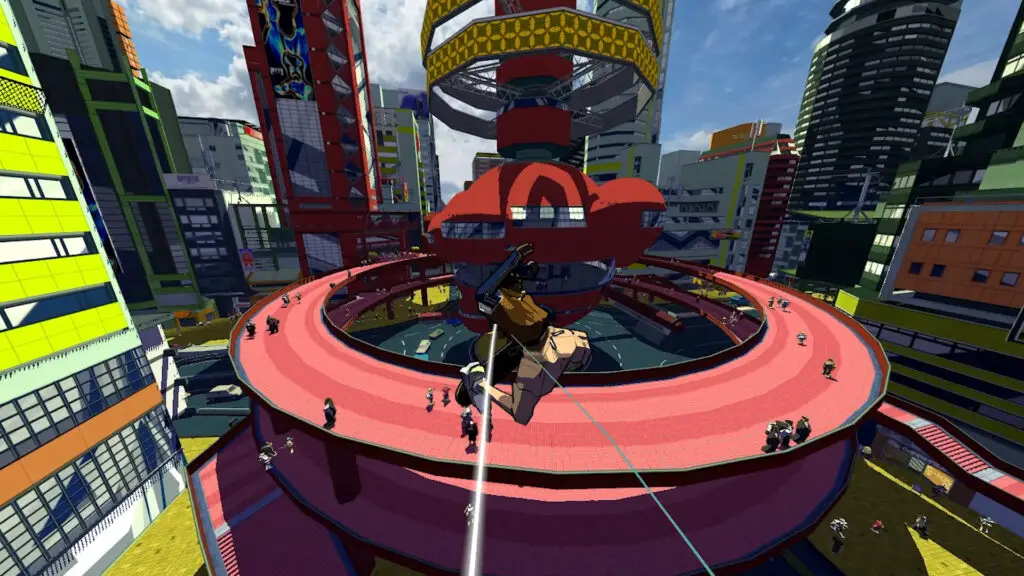 A character soaring through the air while doing a cool skateboard trick in Hyperfunk.