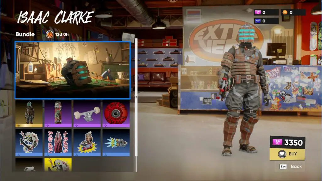 The Isaac Clarke bundle in skate, including a skin, deck, trucks, wheels, stickers, and an emote.