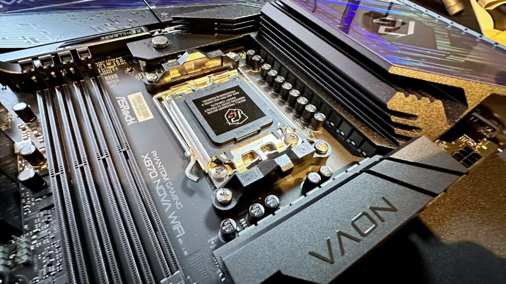 A close-up photo of the ASRock Phantom Gaming X870 Nova WIFI's CPU socket and VRMs