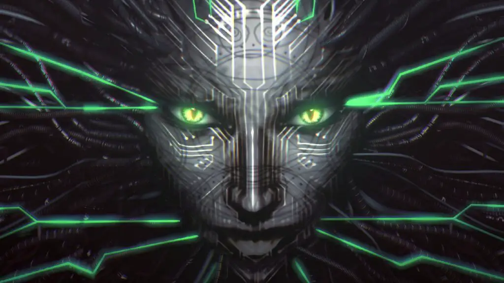 Close up of Shodan, antagonist of System Shock 2. Feminine face with circuitry spreading over it and out into wires surrounding.