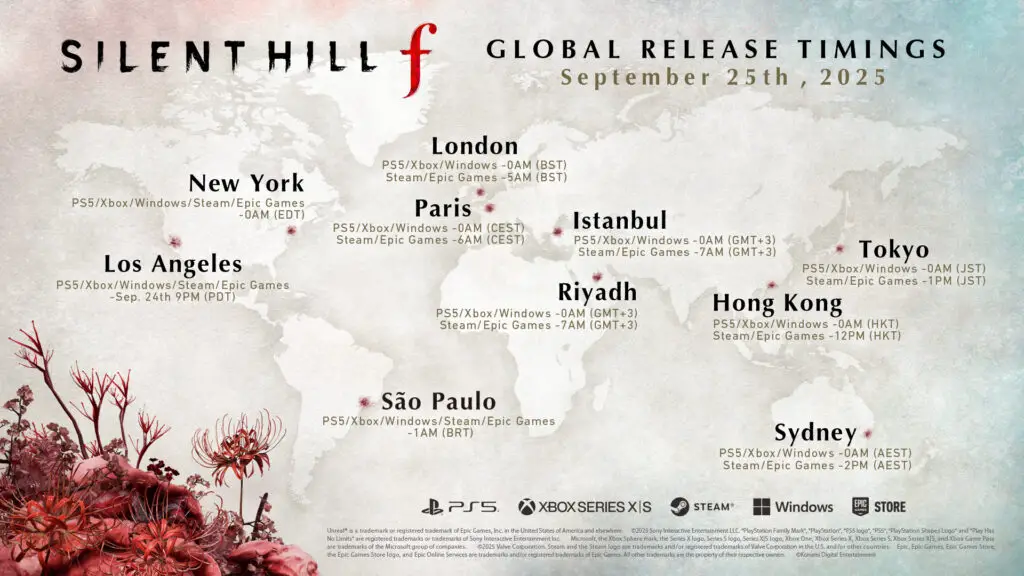 The Silent Hill f global release timings map for September 25, 2025.