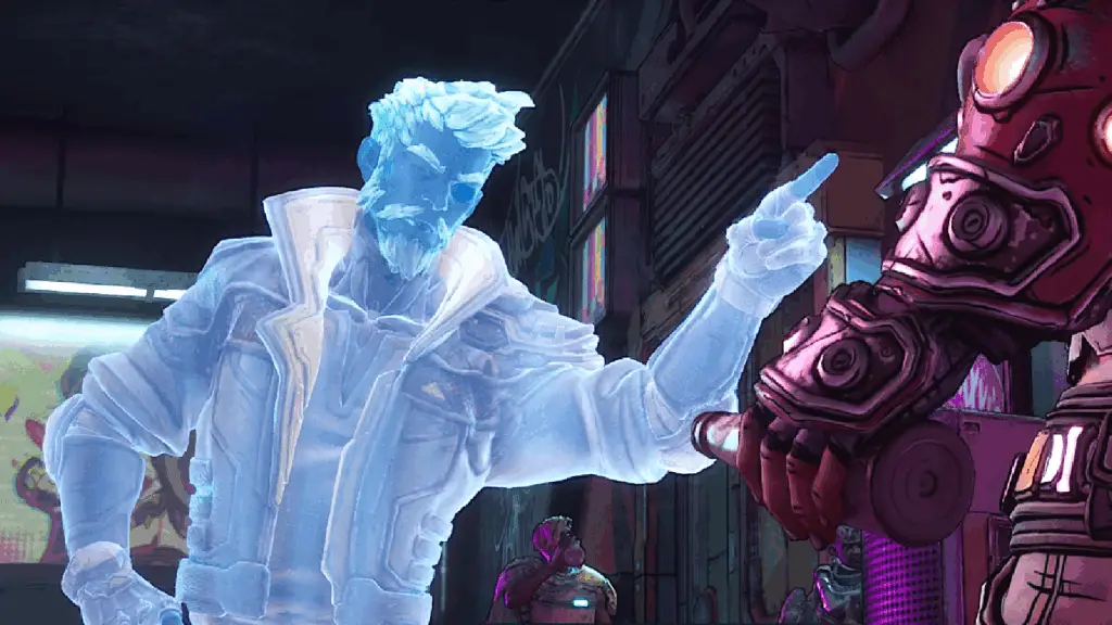 Zane's hologram points at a rowdy bar patron in Borderlands 4.
