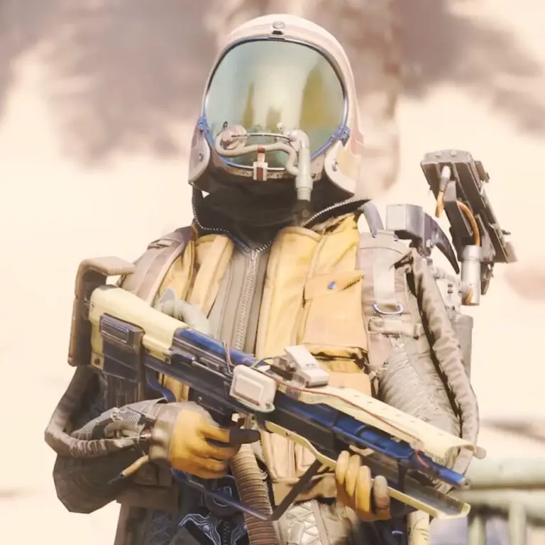 A steam punk-like character with a gun from Arc Raiders