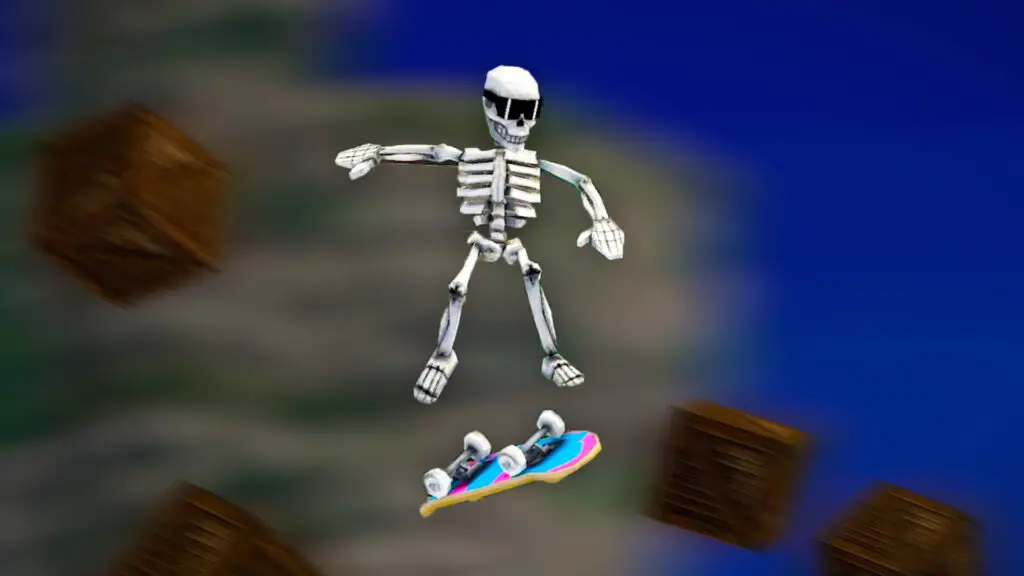 A skeleton character in Megabonk performing a trick on a skateboard.