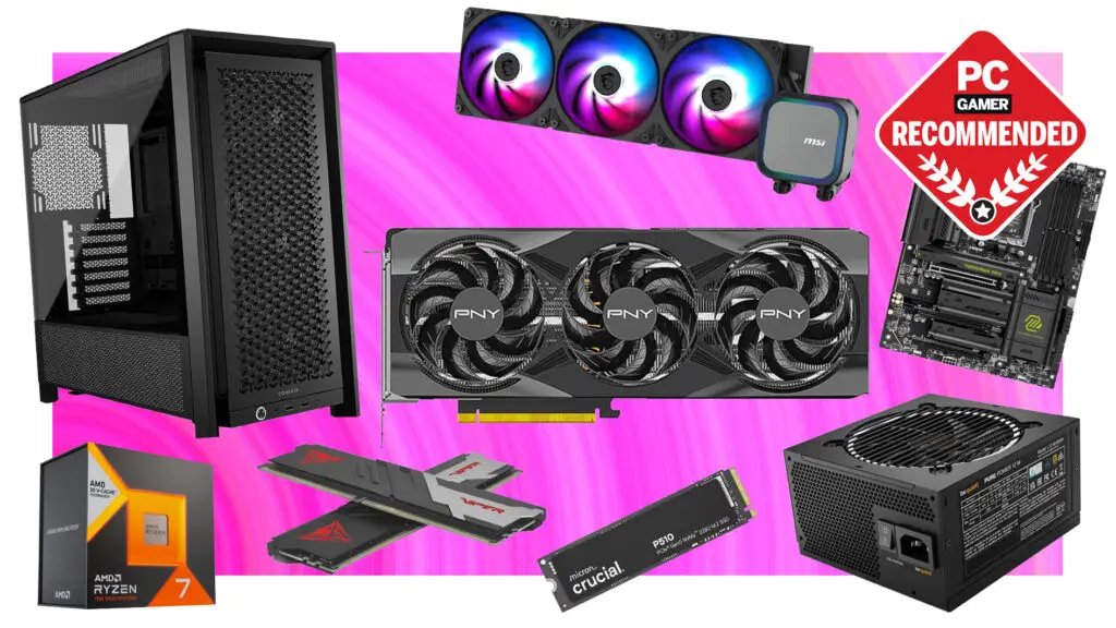 A collection of PC parts on a pink background with the PC Gamer Recommends badge in the top right.