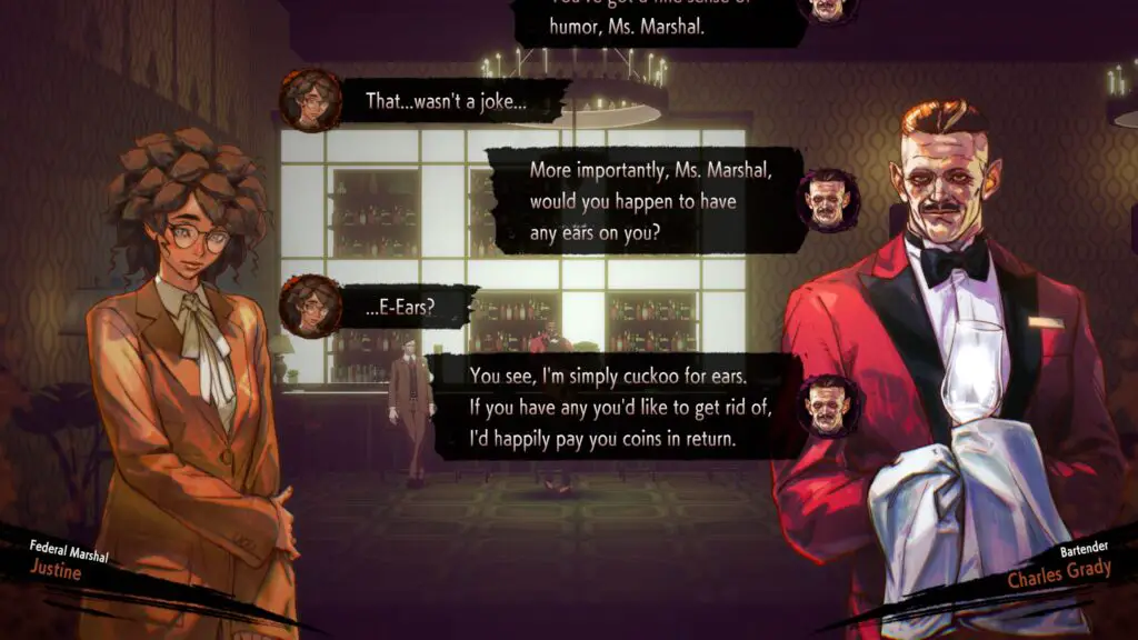 Justine chats to a bartender.