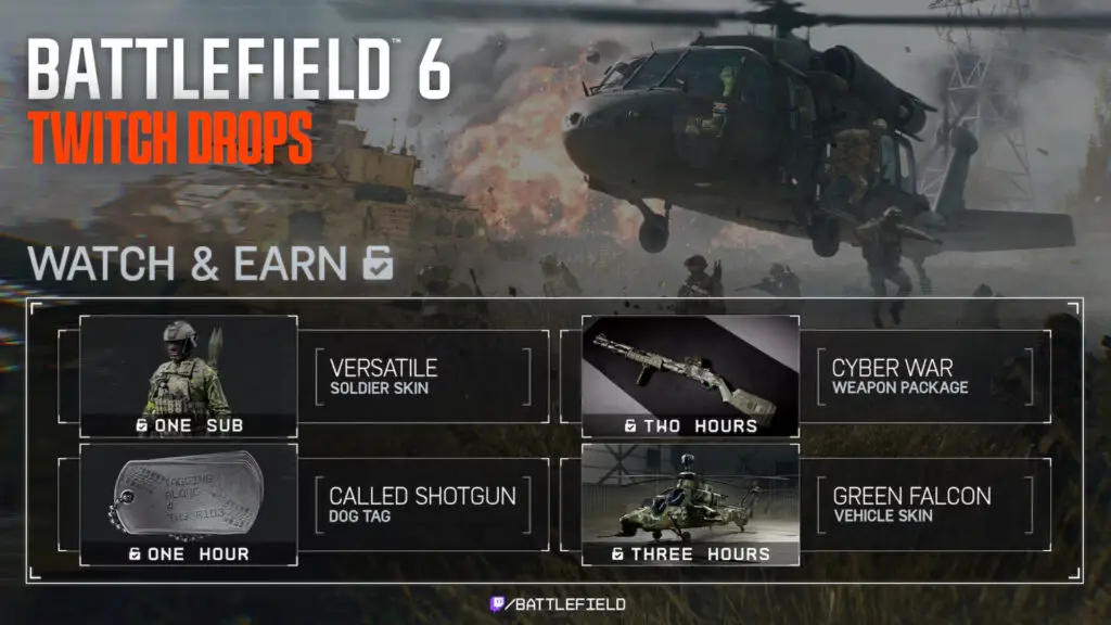 Battlefield 6 Twitch Drops: An infographic showing all four Twitch Drop rewards and what you need to do to earn them.