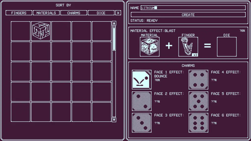 The dice crafting screen in Dead Finger Dice.