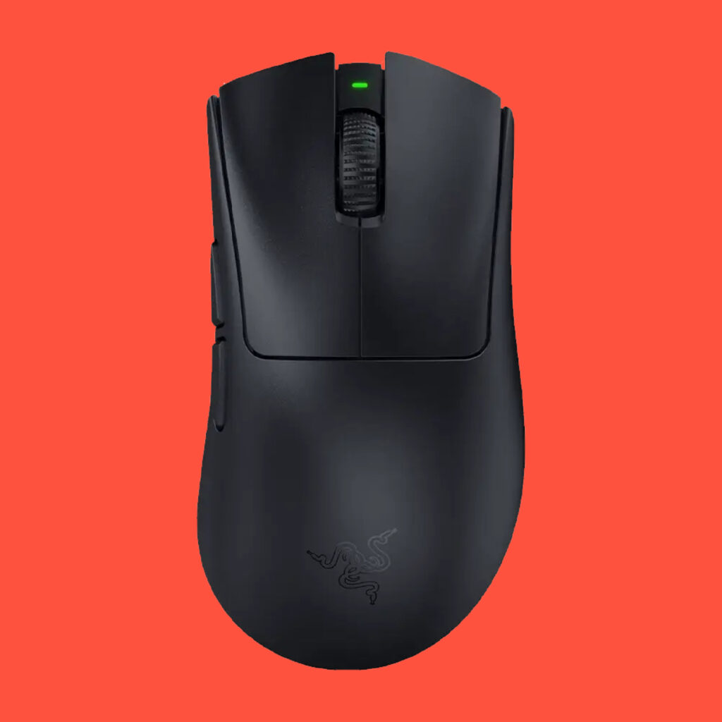 The Razer DeathAdder V4 Pro gaming mouse on a red background