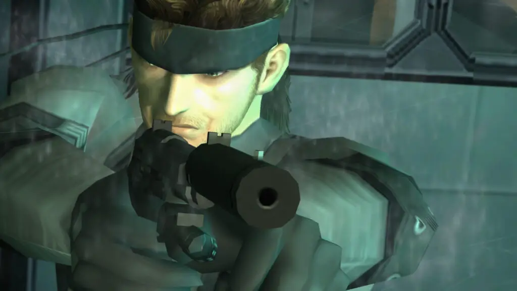 Solid Snake, the iconic protagonist from Metal Gear Solid, pointing his silenced pistol in a tactical stance.