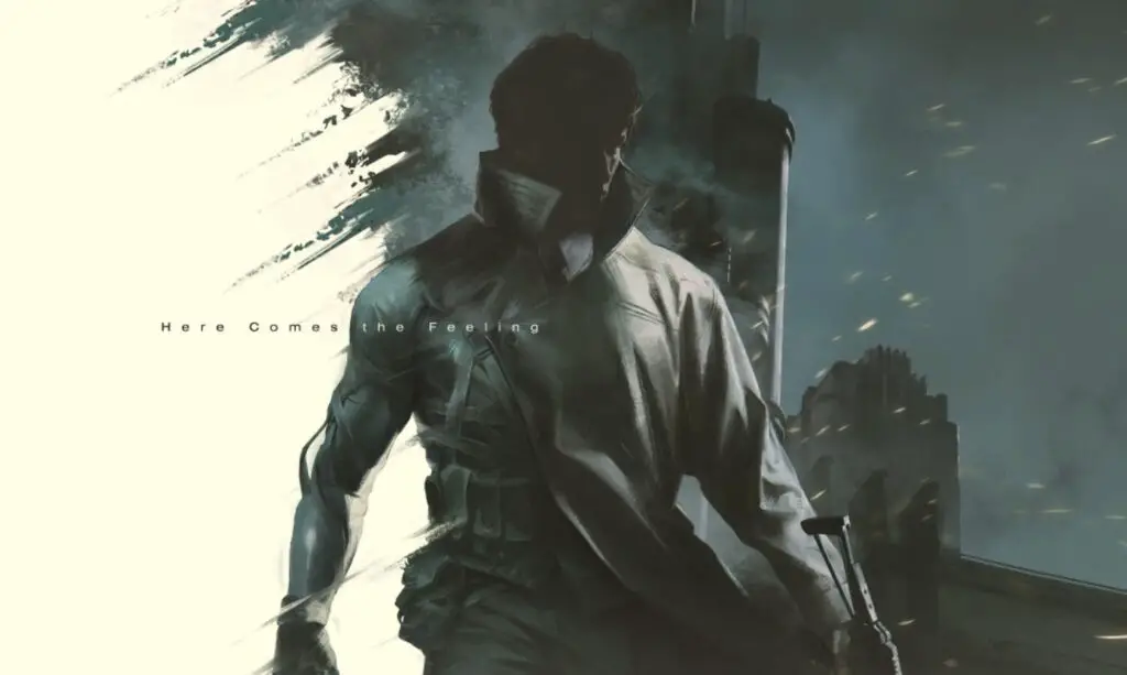 A man with a shadowy face walks through a dark urban environment