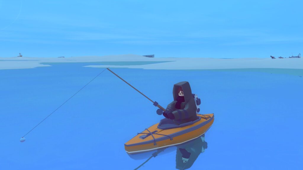 A player character fishing from a kayak in the game Arctico