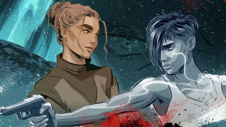 Artwork of two women, one with grey skin and pointing a pistol offscreen.