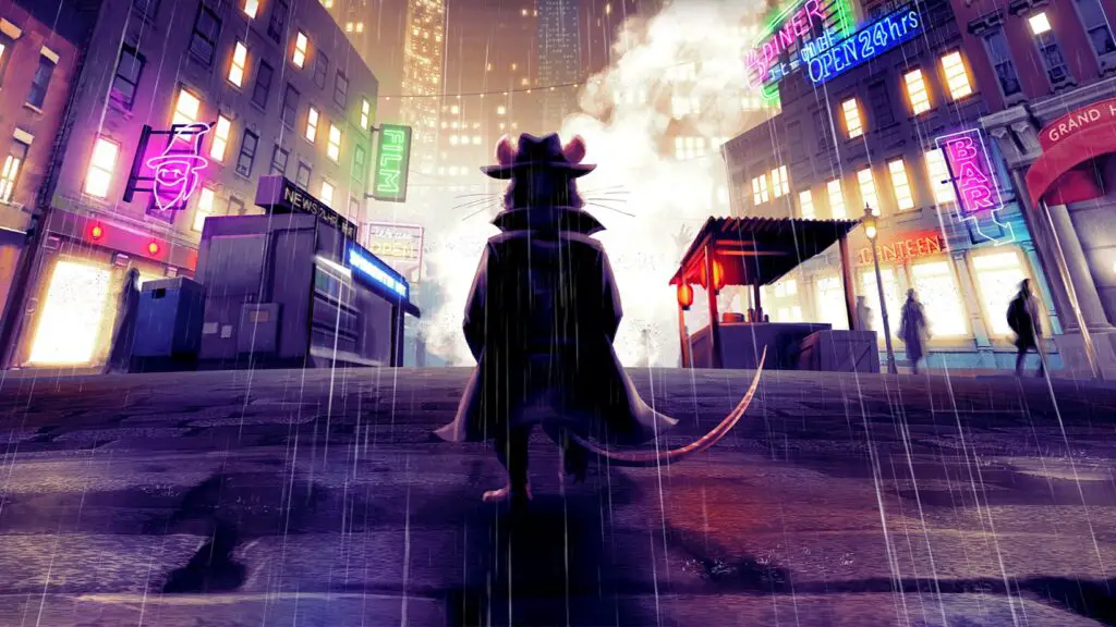 A rat in a trenchcoat walks down a rainy street, skyscrapers and neon signs looming in the background