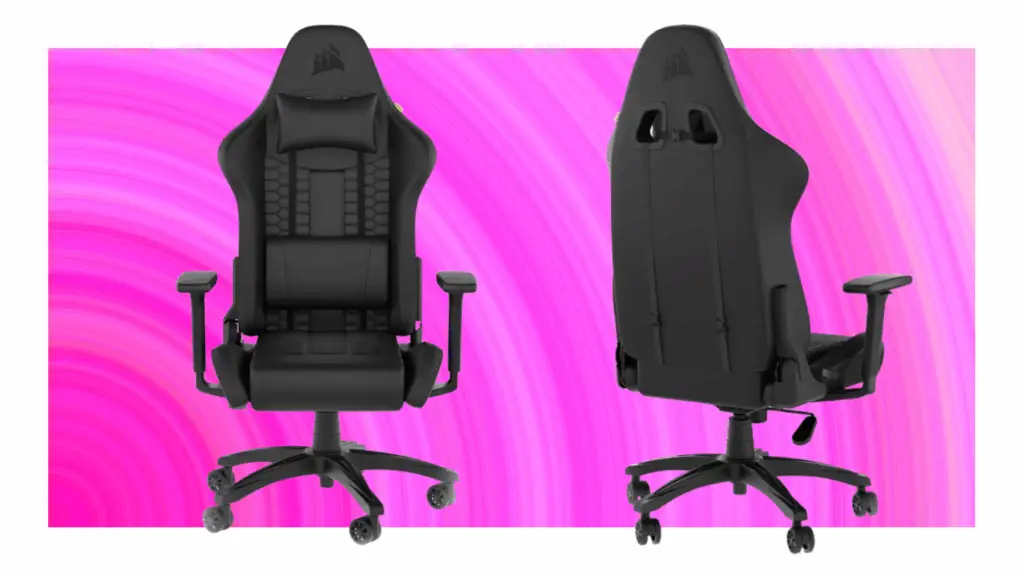 Corsair TC 100 gaming chair on a pink background