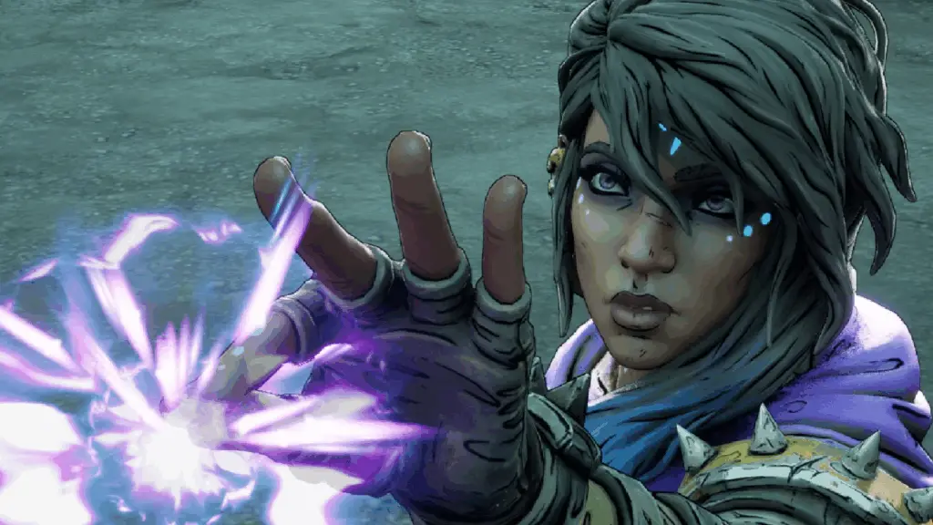 Amara holds a piece of siren magic between her fingertips in Borderlands 4, showcasing the game's vibrant aesthetics.