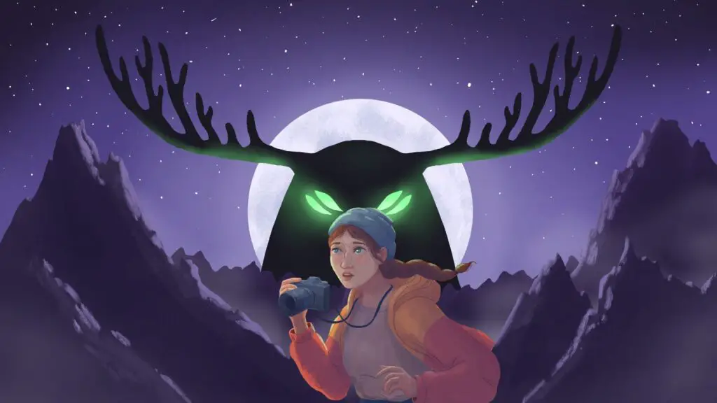 A young woman with a camera is loomed at by a cryptid