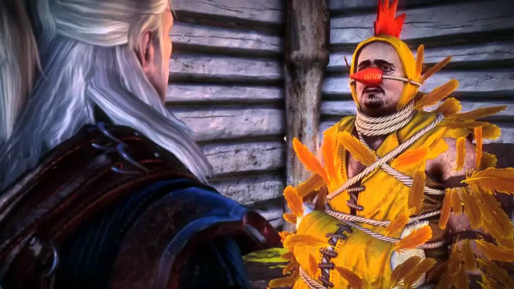 Geralt talks to a man dressed as a bird