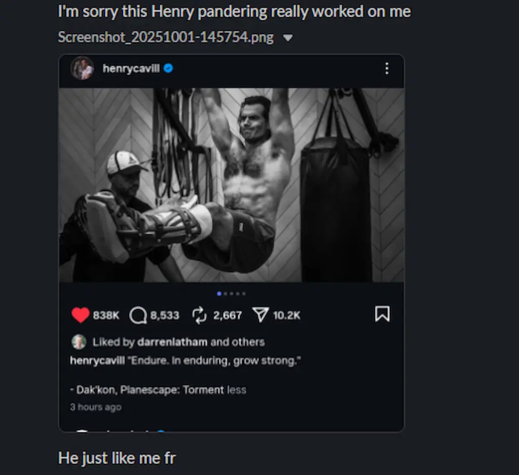 Henry Cavill works out, Ted Litchfield says "he just like me fr"