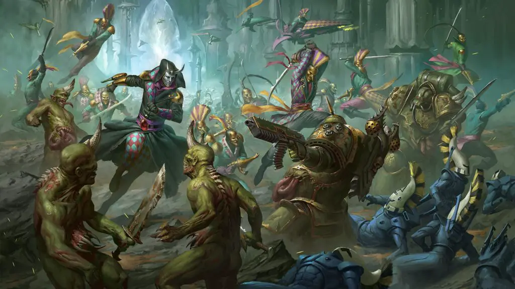 Harlequins fighting the forces of Nurgle in Warhammer 40,000.
