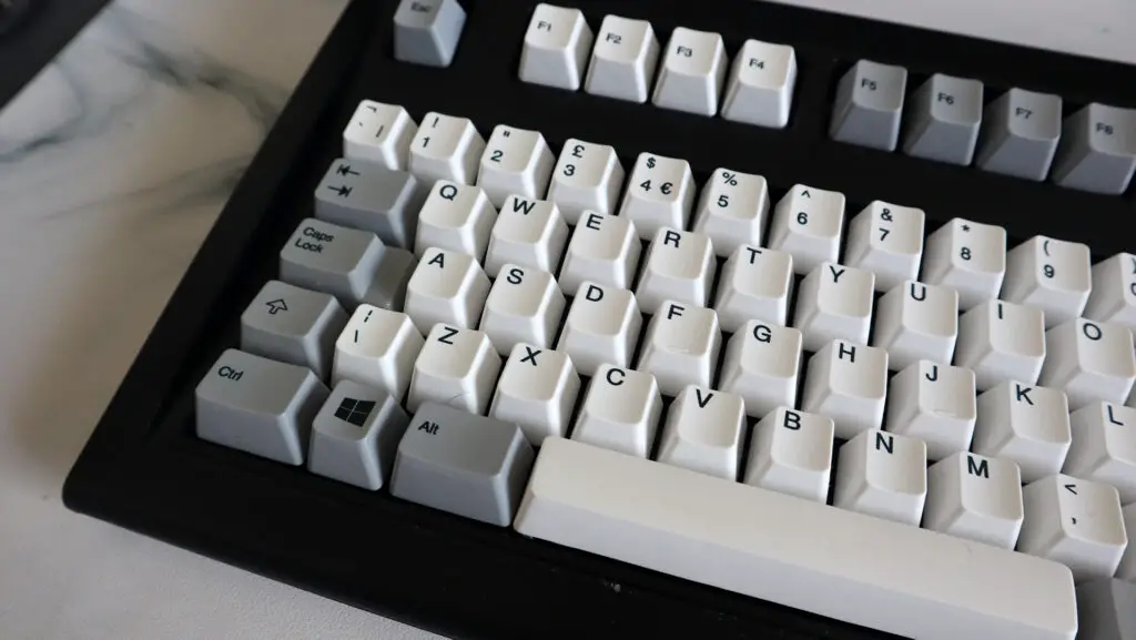 Unicomp New Model M keyboard on a countertop