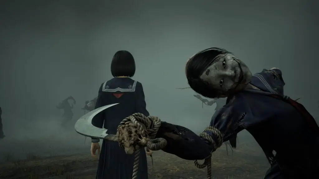 A masked scarecrow dressed as a schoolgirl holds a sickle