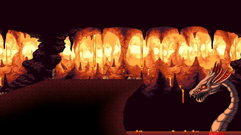 A player character faces a large serpent enemy in a lava cave in Planet Centauri.