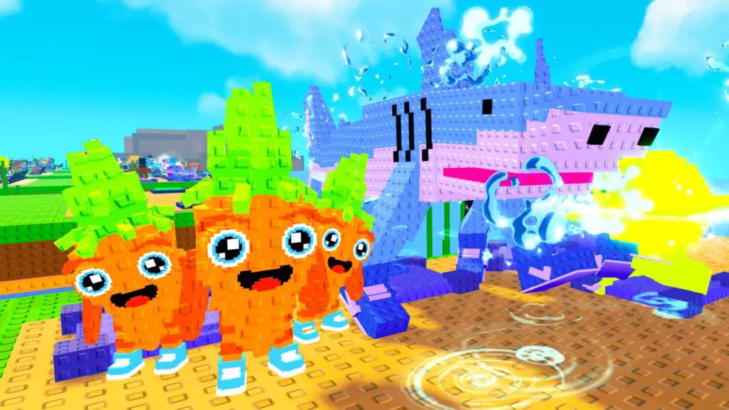 Roblox game Plants vs Brainrots, there's a several carrot brainrots and a shark wearing shoes.