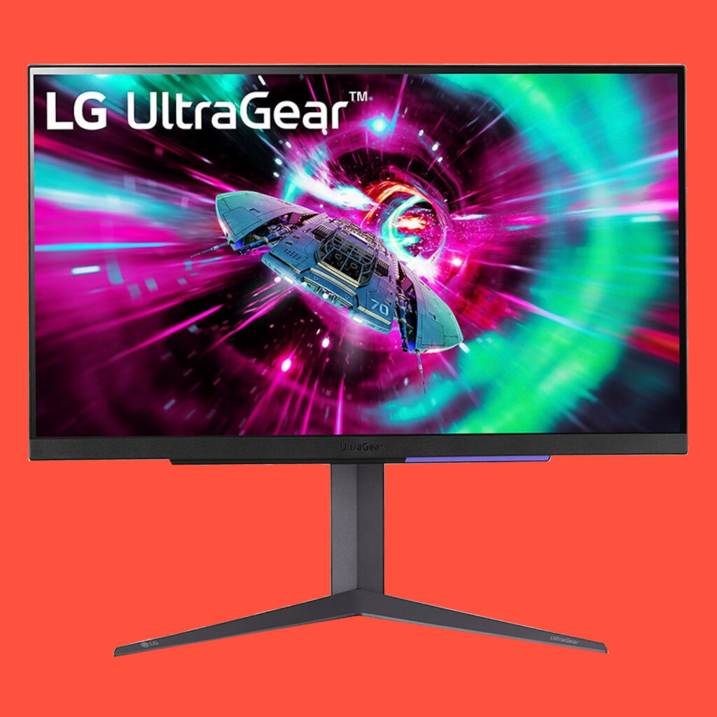 The LG UltraGear 27GR93U 4K gaming monitor on a red background