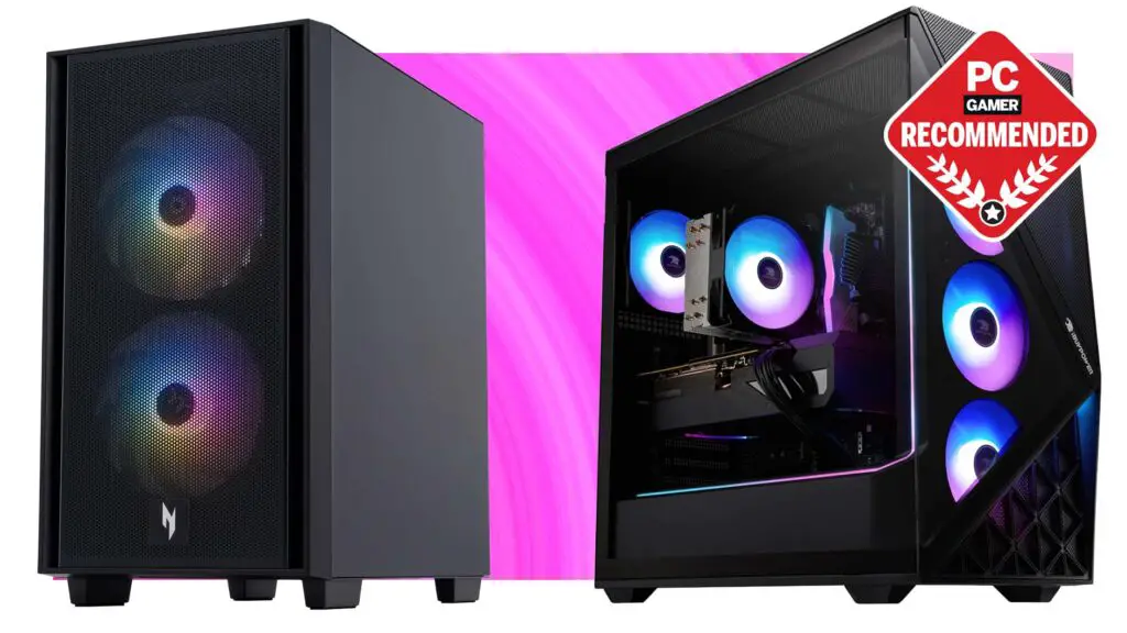 Acer Nitro 60 and iBuyPower Slate gaming PCs on a pink background