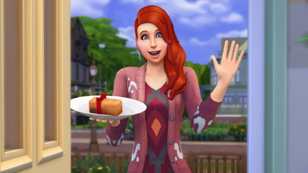 The Sims 4 - A Sim waves hello at the door, offering a fruitcake