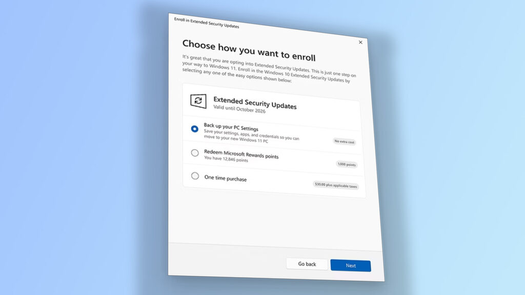 The Windows 10 ESU sign-up in the Settings menu.