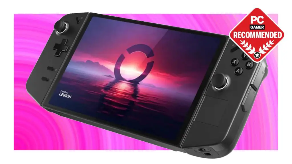 A Lenovo Legion Go handheld gaming PC on a pink background with a PC Gamer Recommended logo on top